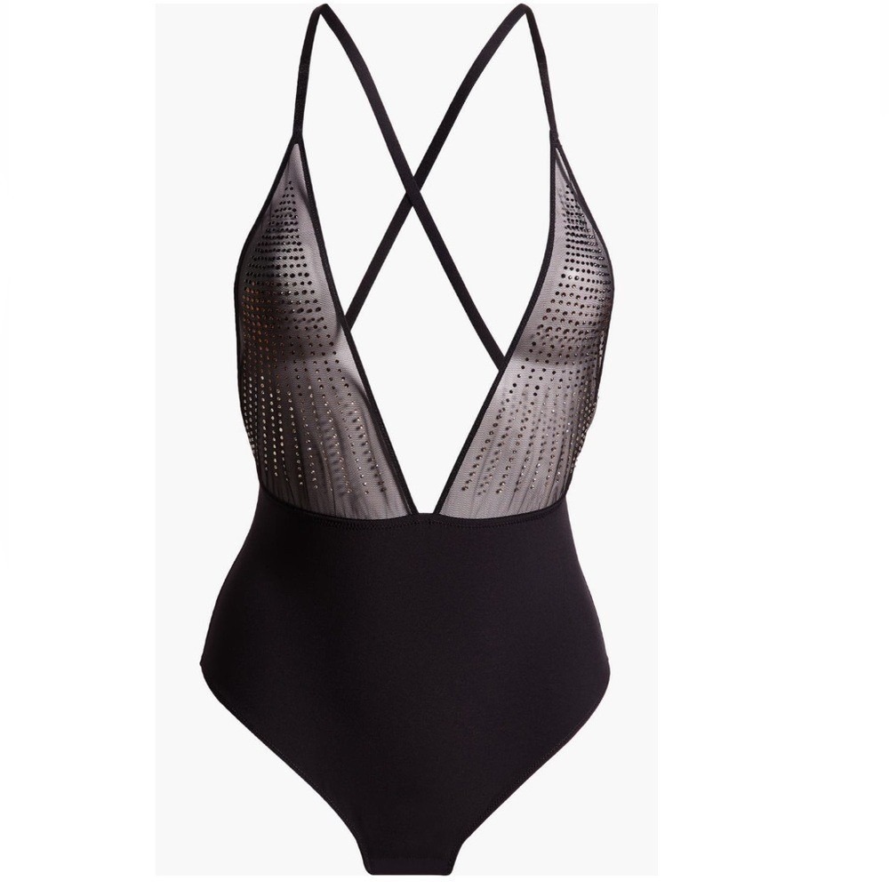 Etam‎ Effusion Rhinestone Bodysuit Lingerie, Sexy Black Crystal, Size Small, NWT